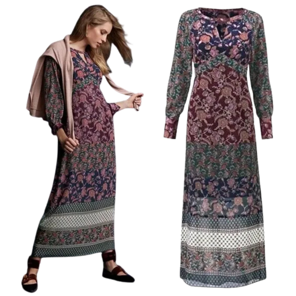 Cabi Dress Womens Size Medium Red Purple Festive 3675 Maxi Floral Mixed Print - Picture 1 of 13